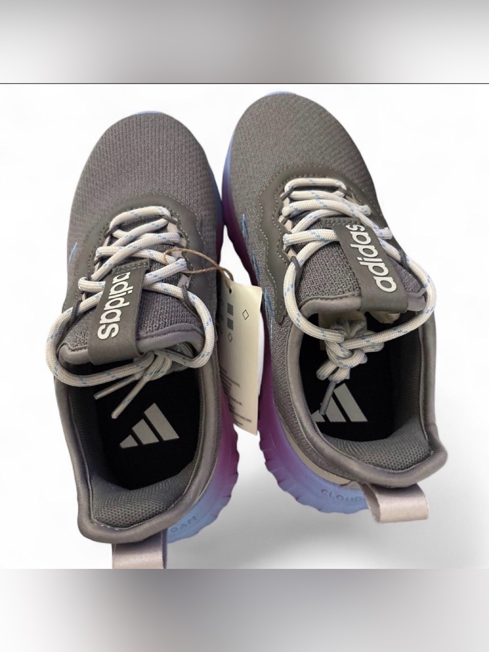 adidas Kids Gray Knit Sneakers with Purple-to-Blue Gradient Sole - Picture 5 of 7